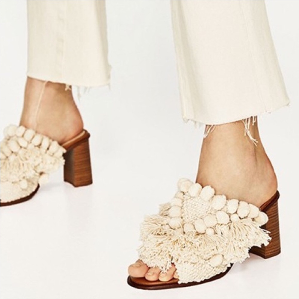 Zara Brand New Pompoms Fringe Cotton Leather Lined Block Heel Sandal Cream Shoe